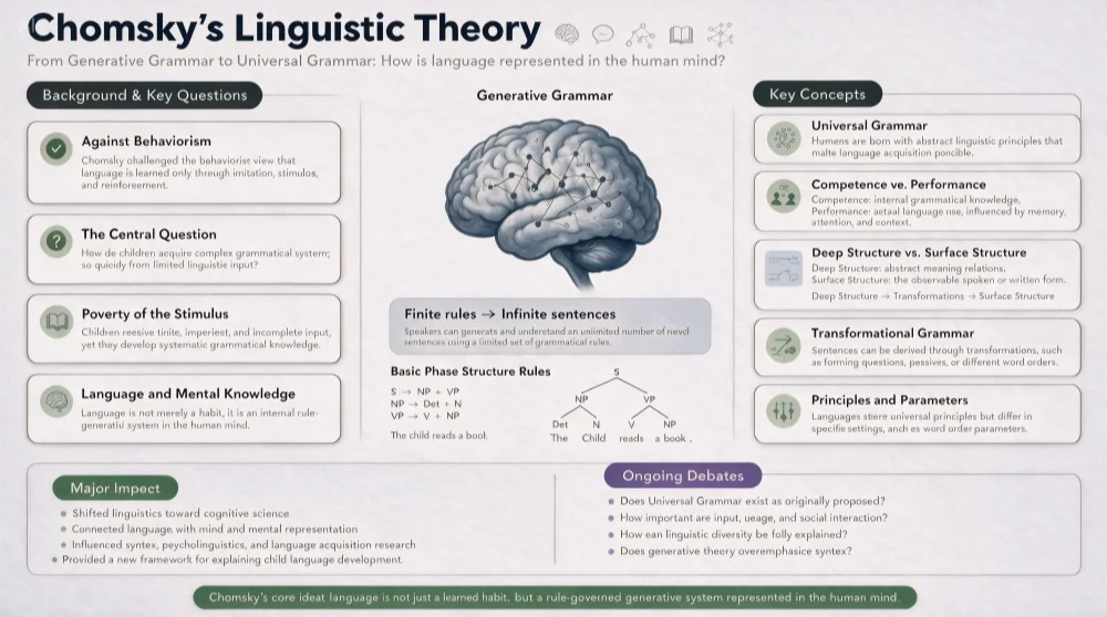 A 16:9 academic infographic poster about Chomsky's Linguistic Theory, clean modern layout — made with Seedream 5.0 Pro