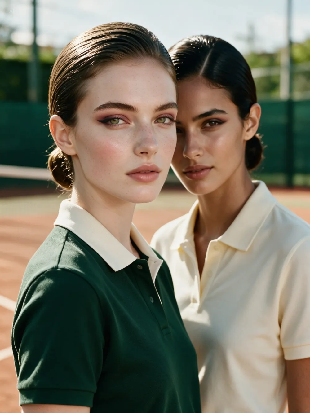 Two women on a tennis court transformed with runway makeup and sleek hairstyles — edited by Seedream 5.0 Pro