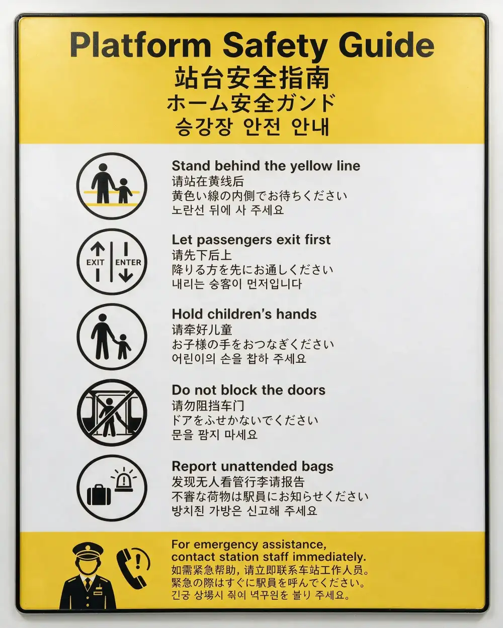 A 4:5 subway safety notice poster in English, Chinese, Japanese, and Korean — made with Seedream 5.0 Pro