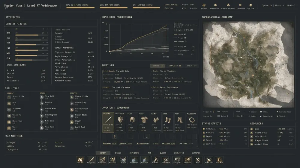 Dense RPG character interface with attribute panels and charts — UI design by Seedream 5.0 Pro