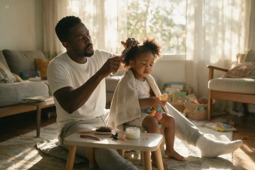 A Black father carefully combing his daughter's hair in a warm living room — authentic family photography by Seedream 5.0 Pro