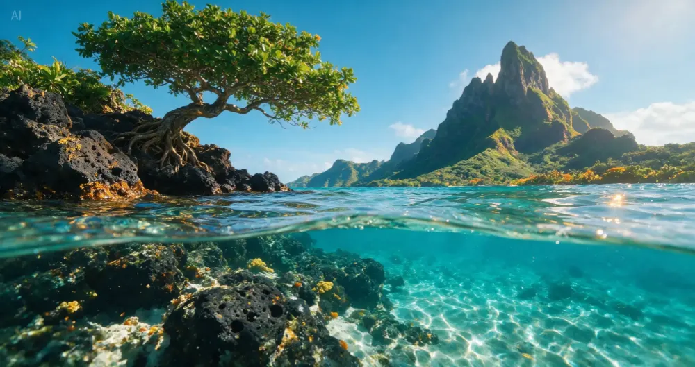Ultra-wide 17:9 tropical lagoon split shot — half above water, half below — rendered by Seedream 5.0 Pro