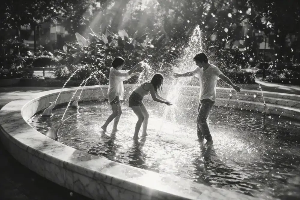 Three friends playing barefoot in a park fountain — black and white documentary street photography by Seedream 5.0 Pro