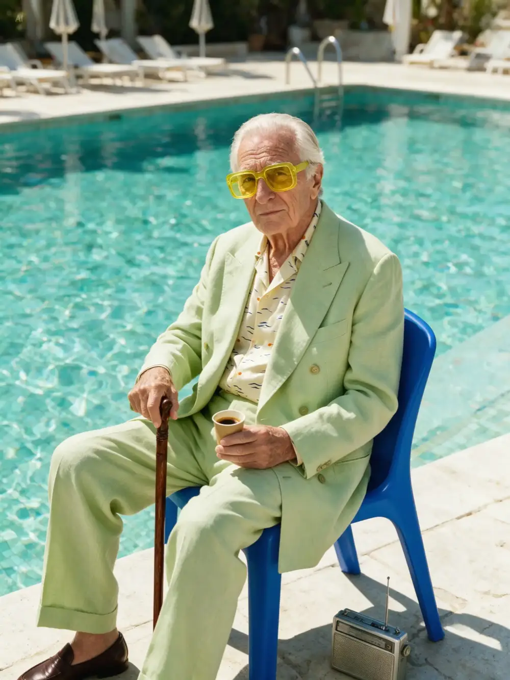 Elderly man in cobalt blue chair with yellow sunglasses — editorial fashion portrait by Seedream 5.0 Pro