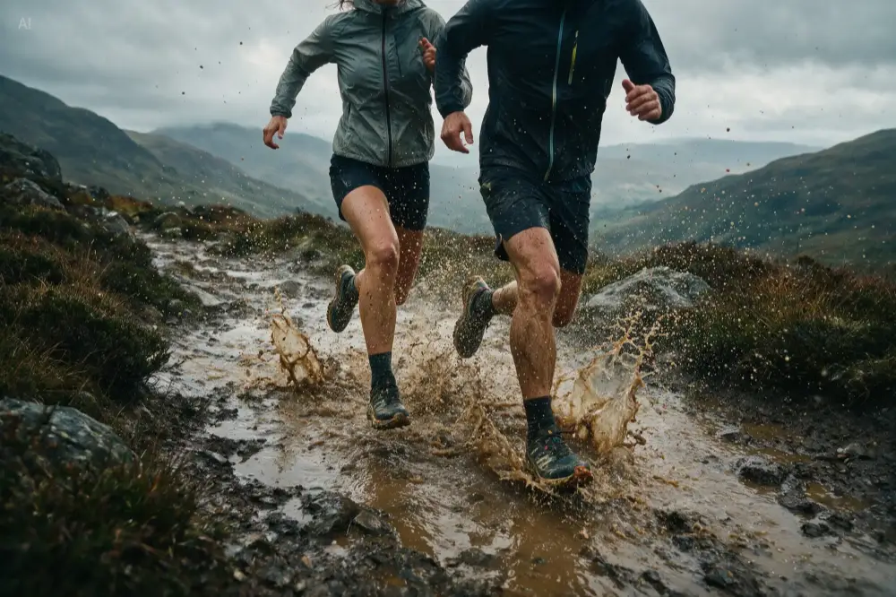 Runners splashing mud toward camera in athletic gear — high-impact sports advertising by Seedream 5.0 Pro