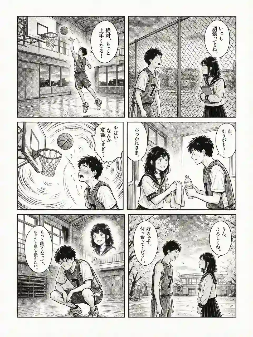 A 6-panel manga about a high school basketball player's love story — hand-drawn in Seedream 5.0 Pro